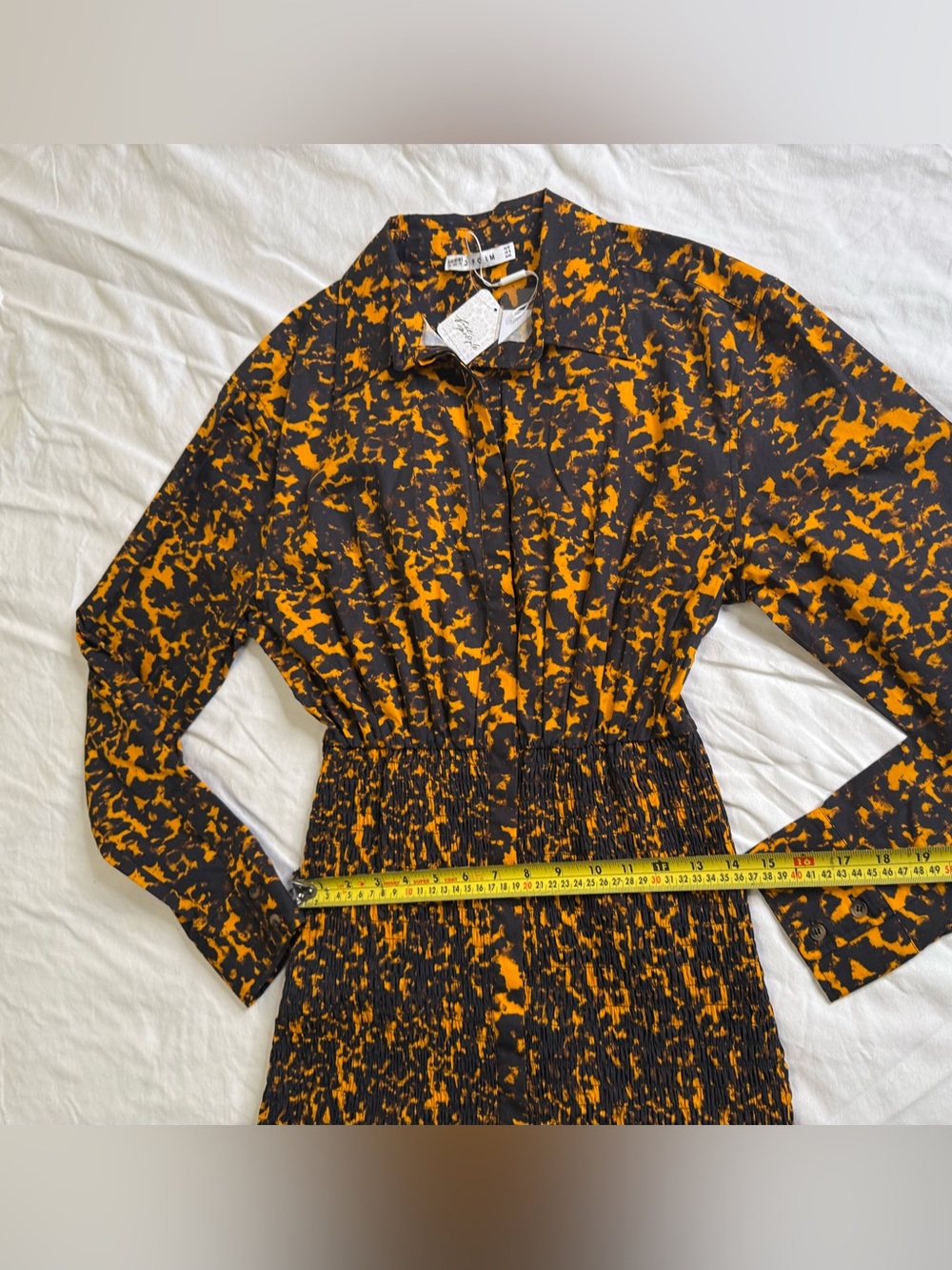 Free People x Third Form Blur Out Shirred Shirt Dress NWT Orange Abstract US 8 - Picture 11 of 12